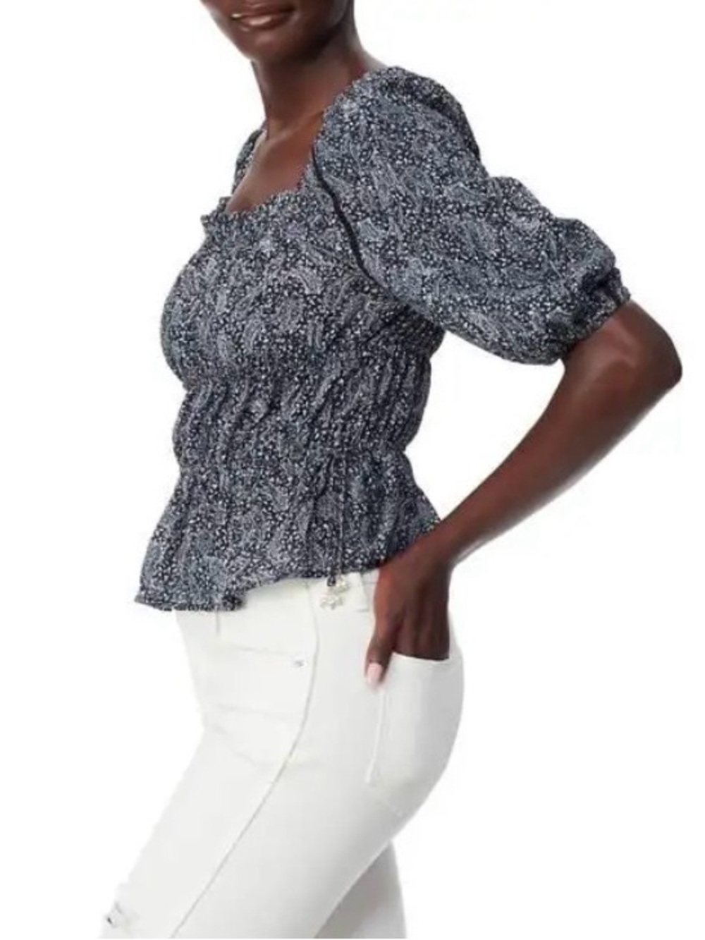 Sam Edelman Black Floral Smocked Puff-Sleeve Blouse